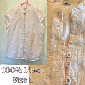 Susan Bristol 100% Linen embroidered detail button down cap sleeve top